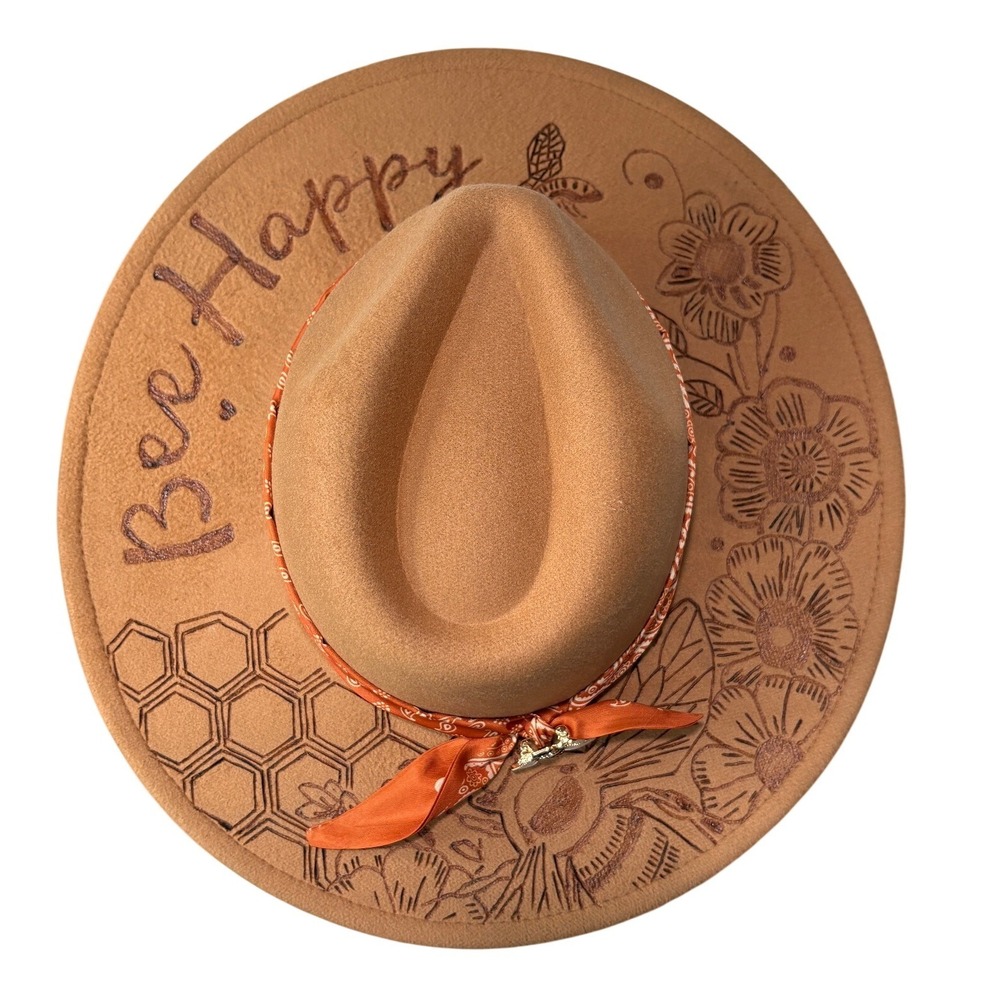 Handcrafted Tan Custom Wood Burned Floral Bee Wide Brim Fedora Boho Western Hat